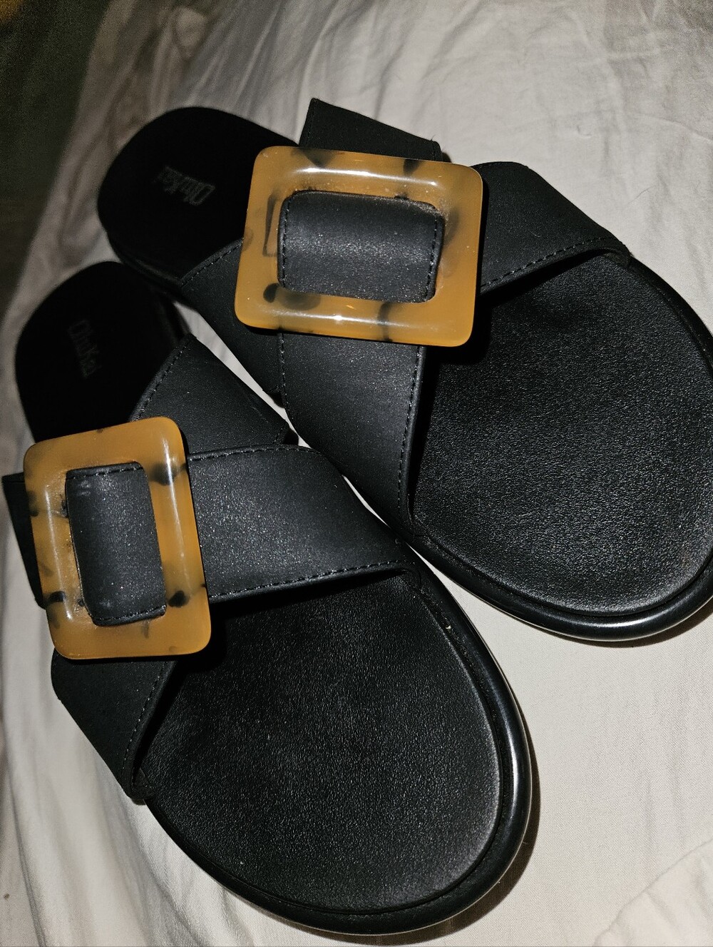 Olukai Black Slide Sandals with Amber Buckle Size 9